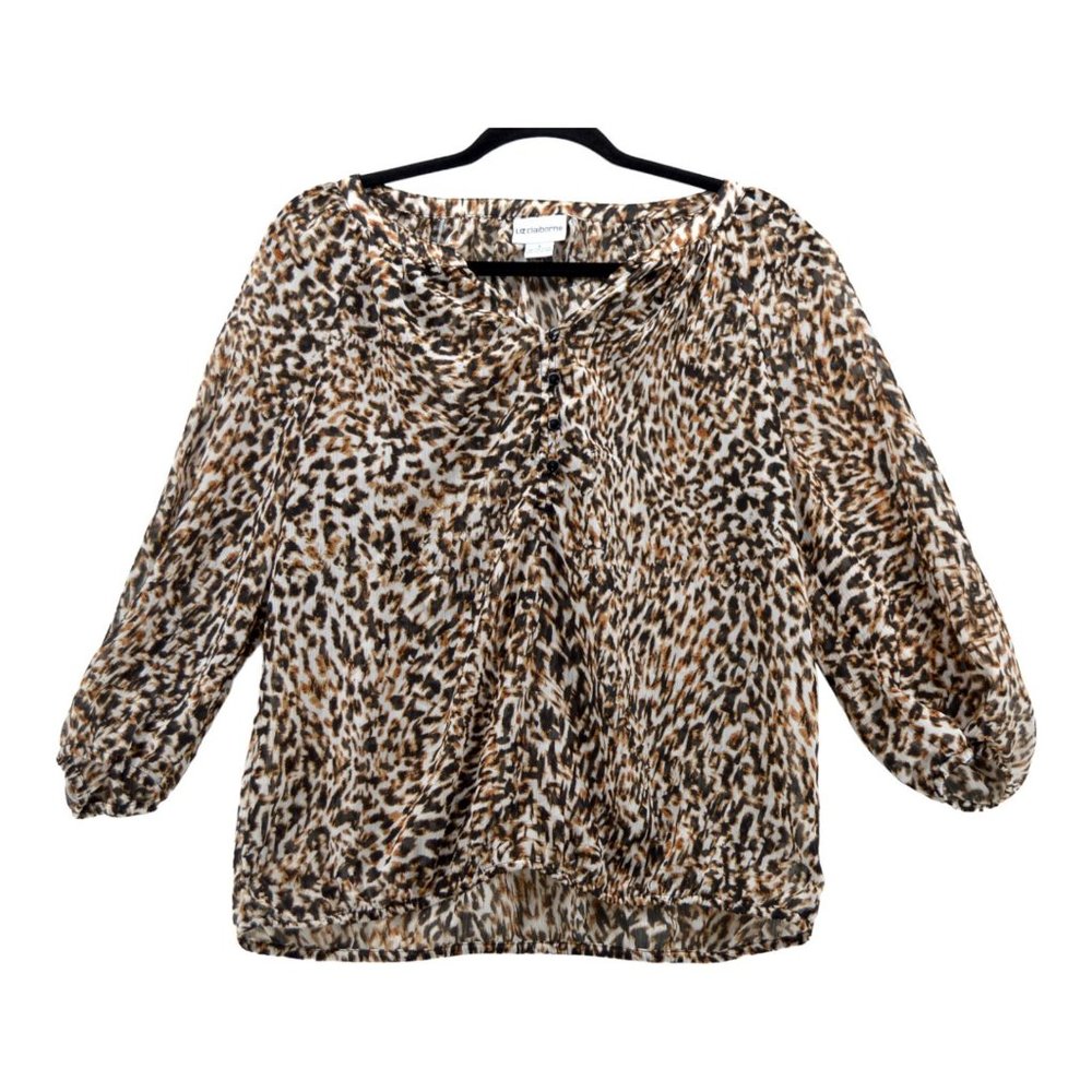 Liz Claiborne Tan Multi Animal Print‎ 3/4 Sleeve Crew Casual Sz S 1/4 Button up